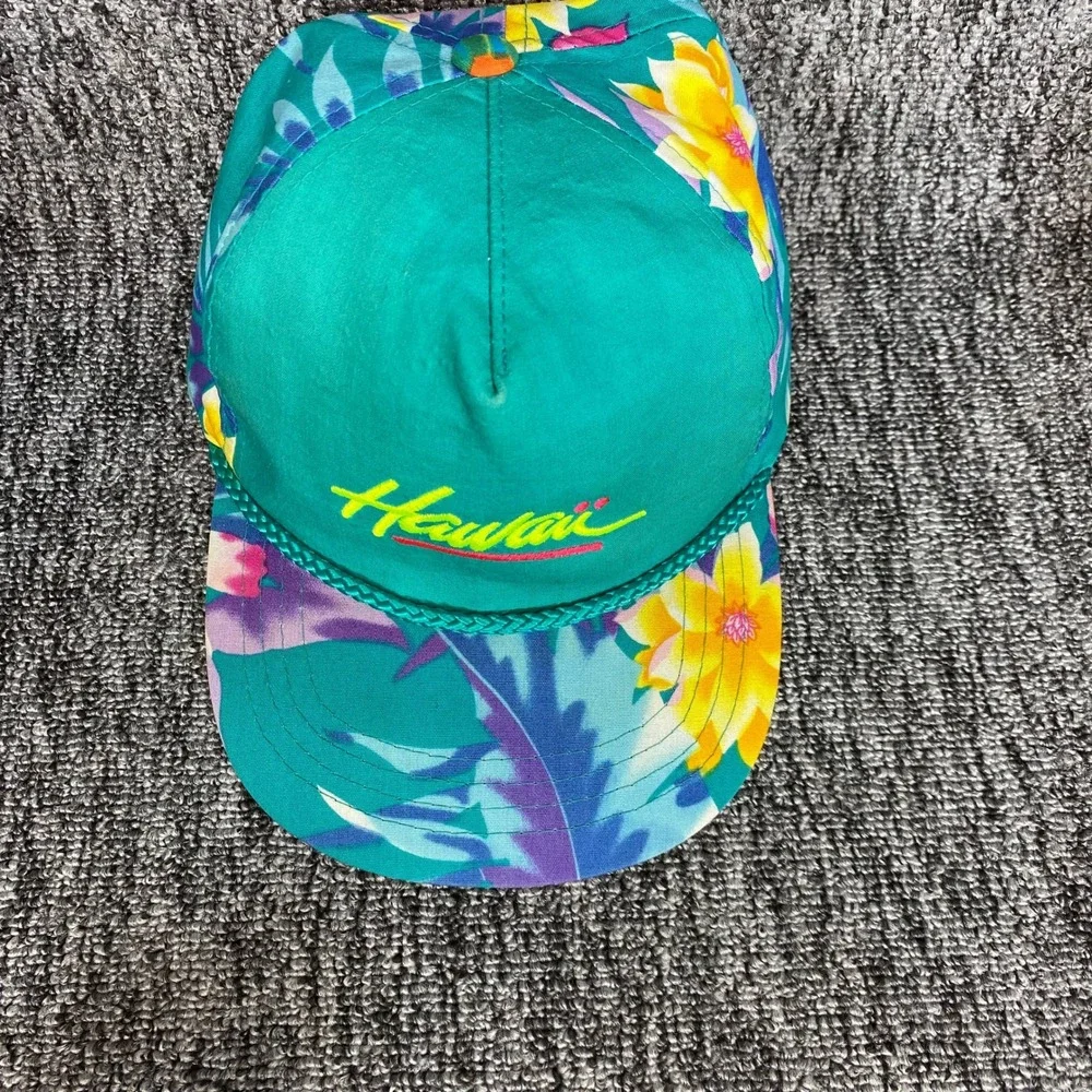 VTG Hawaii‎ Hat Hawaiian Headwear Snapback Cap Floral Tropical Teal 80s 90s Rope